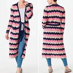 Laurie Felt Pointelle Knit Maxi Cardigan Duster Sweater Navy Pink Tan Size XXS